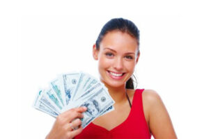 Woman holding cash in her hand.- Money Finder Biz.
