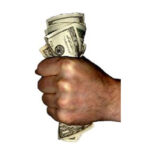 Hand clutching a money bundle featuring text.- Money Finder Biz.